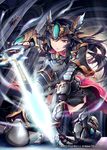  akkijin armor black_hair energy_sword kneeling knight lightning looking_at_viewer official_art orange_eyes shinkai_no_valkyrie solo sword weapon 