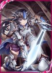  akkijin armor black_hair blue_eyes energy_sword kneeling knight light looking_at_viewer official_art shinkai_no_valkyrie solo sword weapon 