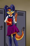  2017 anthro astraldog black_nose blue_hair braces brown_eyes canine carmelita_fox clothing eyewear female fox fur glasses hair mammal skirt sly_cooper sly_cooper_(series) solo video_games 