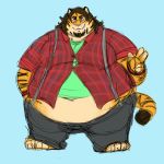  anthro barefoot belly belly_overhang big_belly black_fur blue_background brown_hair chubby_cheeks claws clothed clothing double_chin facial_hair feline fur hair male mammal midriff moobs navel obese obese_male orange_fur overweight overweight_male pantherine rollytiger simple_background smile solo standing straining_buttons striped_fur stripes suspenders thick_thighs tiger toe_claws wide_hips 