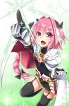  absurdres astolfo_(fate) black_bow bow braid cape commentary_request fang fate/apocrypha fate/grand_order fate_(series) garter_straps hair_ribbon highres kirisame_mia long_hair male_focus multicolored_hair open_mouth otoko_no_ko pink_hair purple_eyes ribbon single_braid solo streaked_hair 