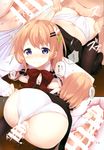  1girl absurdres anus ass bar_censor blush bow bowtie censored closed_mouth cum ejaculation from_behind gochuumon_wa_usagi_desu_ka? hair_ornament hairclip hetero highres hoto_cocoa indoors komone_ushio nose_blush orange_hair page_number panties panties_aside penis purple_eyes rabbit_house_uniform sex short_hair underwear vaginal vest white_background white_panties wooden_floor 