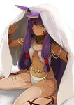  animal_ears bangs barefoot blanket bracelet breasts closed_mouth collarbone commentary_request dark_skin date_(mamanonamaebot) egyptian egyptian_clothes eyebrows_visible_through_hair facial_mark fate/grand_order fate_(series) groin hair_between_breasts hair_tubes hairband hands_up highres jackal_ears jewelry lace-up long_hair looking_at_viewer low-tied_long_hair navel necklace nitocris_(fate/grand_order) purple_eyes purple_hair sidelocks simple_background sitting small_breasts smile solo stomach thighs veil very_long_hair wariza white_background 