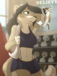  2017 4_fingers anthro athletic big_breasts biped black_hair breasts brown_eyes brown_fur cat chest_tuft clothed clothing day dumbbell eyebrows eyelashes feline female ferret front_view fur hair half-closed_eyes hand_on_head holding_object holding_towel infinitedge2u inside long_hair mammal meme mustelid navel open_mouth portrait shadow signature snout standing sweat sweatdrop text three-quarter_portrait towel tuft weights window 