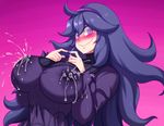  blush breasts covered_nipples dress hairband hands_on_own_chest hex_maniac_(pokemon) jmg lactation lactation_through_clothes large_breasts long_hair long_sleeves looking_at_viewer nail_polish pokemon pokemon_(game) pokemon_xy purple_background purple_dress purple_eyes purple_nails simple_background smile solo sweat symbol-shaped_pupils teeth turtleneck_dress upper_body very_long_hair wavy_mouth 