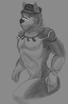  2017 abs anthro barazoku biceps biped canine clothing digital_drawing_(artwork) digital_media_(artwork) front_view fur greyscale hat hi_res laudanumserum looking_at_viewer male mammal monochrome muscular muscular_male nipples nude pecs simple_background sketch solo standing tattoo wolf 