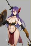  armor bikini_armor breasts choker cleavage grey_background hayabusa highres holding holding_shield holding_weapon horn long_hair looking_at_viewer medium_breasts navel open_mouth original pelvic_curtain polearm purple_hair see-through shield simple_background solo spear weapon yellow_eyes 