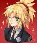  &gt;:) bangs black_jacket black_neckwear eyebrows_visible_through_hair fate/apocrypha fate_(series) flower flower_ornament gem grey_rose hair_ornament hair_scrunchie jacket kangetsu_(fhalei) looking_at_viewer medium_hair mordred_(fate) mordred_(fate)_(all) necktie one_eye_closed parted_lips ponytail red_background red_scrunchie rose scrunchie shirt signature simple_background smile solo sparkle tuxedo v-shaped_eyebrows white_shirt 