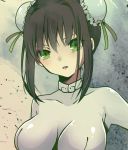  1girl bangs black_hair bodysuit breasts bun_cover chinese_clothes collarbone colored_eyelashes commentary_request double_bun fate/grand_order fate_(series) green_eyes large_breasts looking_at_viewer parted_lips qin_liangyu_(fate) sidelocks simple_background skin_tight solo taut_clothes upper_body white_bodysuit yukiirokumokakusi 