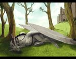  black_bars detailed_background dezilon dragon eyes_closed grass membranous_wings sky sleeping spines tree wings 