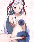  ;) breasts chuxinzhe_xiaolin cleavage collarbone cowboy_shot dated groin hair_ribbon heart highres long_hair looking_at_viewer medium_breasts nail_polish navel nude one_eye_closed one_finger_selfie_challenge pink_nails red_eyes red_ribbon ribbon signature silver_hair sketch smile solo standing sword_art_online underboob very_long_hair yuna_(sao) 