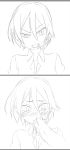  1girl blush cum cum_in_mouth irrumatio monochrome open_mouth oral original overflow satsuyo short_hair solo_focus surprised teeth 