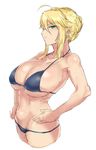  ahoge artoria_pendragon_(all) artoria_pendragon_(lancer) bikini blonde_hair blue_bikini breasts cleavage fate/grand_order fate_(series) green_eyes hands_on_hips highres hometa large_breasts looking_at_viewer navel simple_background sketch solo swimsuit white_background 