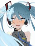  :d blue_eyes blue_hair blue_neckwear crying crying_with_eyes_open dated detached_sleeves eyebrows_visible_through_hair floating_hair grey_shirt hair_between_eyes hair_ornament hatsune_miku headphones long_hair looking_at_viewer microphone necktie open_mouth oyu_(mosya-oyu) shirt simple_background sleeveless sleeveless_shirt smile solo tears twintails upper_body very_long_hair vocaloid white_background 
