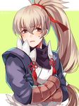  2900cm blush fire_emblem fire_emblem_if gloves grey_hair highres long_hair looking_at_viewer male_focus ponytail red_eyes simple_background solo takumi_(fire_emblem_if) 