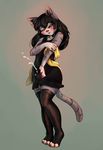  2017 black_hair blush cat clothed clothing cum_through_clothing dickgirl dress feline fur grey_fur hair inner_ear_fluff intersex legwear mammal masturbation one_eye_closed orgasm simple_background solo standing stockings stripes talilly 