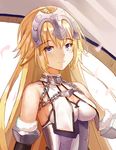  armor blonde_hair blue_eyes breasts chain cleavage detached_sleeves eyebrows_visible_through_hair fate/apocrypha fate_(series) floating_hair hair_between_eyes jeanne_d'arc_(fate) jeanne_d'arc_(fate)_(all) long_hair looking_at_viewer medium_breasts mix_(meini) sideboob smile solo upper_body very_long_hair 