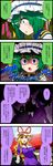  :o absurdres bangs between_breasts blonde_hair blue_eyes breasts clothes_between_breasts comic commentary_request day dress elbow_gloves emphasis_lines eyebrows_visible_through_hair fortune_teller_(touhou) gloves green_hair hair_ribbon hat hat_ribbon highres kijin_seija long_hair mob_cap noel_(noel-gunso) outdoors puffy_short_sleeves puffy_sleeves purple_dress purple_eyes red_neckwear red_ribbon ribbon shaded_face shiki_eiki short_sleeves silhouette speech_bubble sweatdrop touhou translated trembling tress_ribbon white_gloves yakumo_yukari 