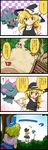  4koma absurdres alice_margatroid bangs blonde_hair bow comic commentary_request crossover dirty_clothes dirty_face eyebrows_visible_through_hair gen_2_pokemon hands_on_hips hat hat_bow highres kirisame_marisa long_hair misdreavus multiple_girls noel_(noel-gunso) outdoors pokemon short_sleeves shovel speech_bubble touhou translated tree wavy_hair white_bow witch_hat 