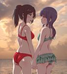  :d ass back bangs bare_arms bare_back bare_shoulders bikini bikini_skirt blue_eyes blue_hair breasts brown_hair cloud cloudy_sky cowboy_shot evening eye_contact from_behind green_bikini hair_tie hibike!_euphonium highres holding_hands horizon interlocked_fingers kasaki_nozomi keisuke_(0320030103200301) long_hair looking_at_another medium_breasts multiple_girls ocean open_mouth outdoors polka_dot polka_dot_bikini ponytail profile red_bikini red_eyes sidelocks sky small_breasts smile standing striped striped_bikini sunlight swimsuit tareme thighs water yoroizuka_mizore yuri 