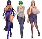  3girls bare_shoulders black_panties blue_hair bra breasts brown_hair cleavage curvy dress female full_body glasses green_hair hair_over_one_eye huge_breasts jeans legwear long_hair looking_at_viewer milf miniskirt multiple_girls original panties pants pantyhose red_eyes shirt shoes short_hair simple_background skirt standing tiptoes umino_mokuzu_(a4_size) very_long_hair white_background wide_hips yellow_eyes 