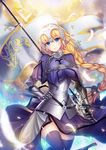  armor armored_dress banner black_legwear black_ribbon blonde_hair blue_dress blue_eyes braid breasts breasts_apart chain dress eyebrows_visible_through_hair fate/apocrypha fate_(series) gauntlets hair_between_eyes hair_ribbon hand_on_hip head_tilt highres holding holding_weapon jeanne_d'arc_(fate) jeanne_d'arc_(fate)_(all) kyuu_(chiu850513) large_breasts long_hair looking_at_viewer parted_lips ribbon sheath sheathed shiny shiny_clothes single_braid smile solo standing sword thighhighs very_long_hair weapon 