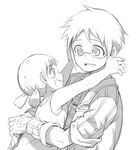  1girl :d bespectacled blush child cr72 eyebrows_visible_through_hair glasses gloves greyscale holding jacket long_hair looking_at_another made_in_abyss monochrome open_clothes open_jacket open_mouth outstretched_arms parted_lips profile riko_(made_in_abyss) short_hair short_twintails sketch smile torka twintails upper_body whistle 