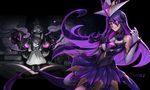  &gt;_&lt; bare_shoulders book cauldron child dress elbow_gloves eyepatch familiar glasses gloves hair_ornament league_of_legends long_hair md5_mismatch multiple_girls partially_colored potion purple_eyes purple_hair skirt smoke star_guardian_syndra steve_zheng syndra wallpaper younger 