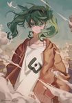  778-go ahoge alternate_costume bomber_jacket determined dust earrings eyewear_on_head green_eyes green_hair hatsune_miku highres jacket jewelry long_hair looking_at_viewer rubble ruins signature solo suna_no_wakusei_(vocaloid) sunglasses twintails vocaloid 