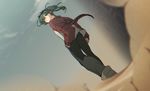  alternate_costume bomber_jacket dust dutch_angle expressionless eyewear_on_head foreshortening green_eyes green_hair hand_in_pocket hatsune_miku highres jacket kurozatou_(pic24) long_hair looking_back sky solo suna_no_wakusei_(vocaloid) sunglasses twintails vocaloid 