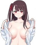  3: absurdres asymmetrical_bangs bangs bare_shoulders blush breasts brown_hair closed_mouth collarbone dress_shirt eyebrows_visible_through_hair girls_frontline hair_ribbon highres large_breasts long_hair long_sleeves looking_at_viewer off_shoulder one_side_up open_clothes open_shirt rangen red_eyes ribbon shirt simple_background single_sidelock solo tsurime upper_body wa2000_(girls_frontline) white_background 