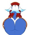  2017 anthro averyshadydolphin big_breasts big_butt blue_hair blue_skin breasts butt clothed clothing digital_media_(artwork) dragon eyebrows female hair hat horn huge_breasts huge_butt huge_hips miajou multicolored_hair panties rear_view simple_background solo thick_thighs two_tone_hair underwear white_background white_hair wide_hips 
