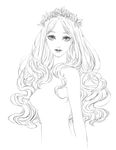  bare_shoulders breasts commentary_request eyebrows_visible_through_hair eyes greyscale head_wreath highres lineart lipstick long_hair looking_at_viewer makeup medium_breasts monochrome parted_lips simple_background sketch smile solo tenobe white_background wreath 