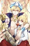  :d apple bare_shoulders blonde_hair blue_jacket child child_gilgamesh cropped_jacket detached_collar diadem dual_persona eating eyebrows_visible_through_hair fate/grand_order fate/hollow_ataraxia fate_(series) food fruit gauntlets gem gilgamesh gilgamesh_(caster)_(fate) high_collar horns hug jacket jewelry kangetsu_(fhalei) looking_at_another looking_at_viewer male_focus multiple_boys necklace open_clothes open_mouth open_shirt red_eyes shirt shorts single_gauntlet sitting sitting_on_lap sitting_on_person smile turban v-shaped_eyebrows white_shirt 