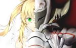  armor blonde_hair collarbone fate/apocrypha fate_(series) green_eyes helmet long_hair looking_at_viewer mordred_(fate) mordred_(fate)_(all) parted_lips portrait simple_background solo split_theme tora_inu twintails white_background 