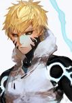  black_sclera blonde_hair closed_mouth cyborg earrings electricity genos highres hood hoodie jewelry kamiya_miwo looking_at_viewer male_focus mechanical_arms one-punch_man signature simple_background solo torso upper_body white_hoodie yellow_eyes 