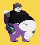  anthro barefoot belly belly_overhang big_belly big_butt blush butt canine claws clothed clothing collie deep_navel dog fur grey_fur hyper hyper_belly looking_down love_handles male mammal midriff navel obese obese_male okaeri overweight overweight_male shirt_tug simple_background solo standing sweat sweatdrop thick_thighs toe_claws white_fur wide_hips yellow_background 