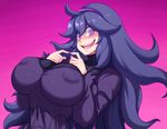  blush breasts covered_nipples dress hairband hands_on_own_chest hex_maniac_(pokemon) jmg large_breasts long_hair long_sleeves looking_at_viewer nail_polish pokemon pokemon_(game) pokemon_xy purple_background purple_dress purple_eyes purple_nails simple_background smile solo symbol-shaped_pupils teeth turtleneck_dress upper_body very_long_hair wavy_mouth 