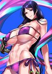  abs bare_shoulders bikini blush breasts cleavage collarbone eyepatch_bikini fate/grand_order fate_(series) large_breasts long_hair looking_at_viewer minamoto_no_raikou_(fate/grand_order) minamoto_no_raikou_(swimsuit_lancer)_(fate) navel purple_bikini purple_eyes purple_hair smile solo swimsuit tenobe very_long_hair 