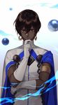 arjuna_(fate/grand_order) armlet brown_eyes brown_hair cape chinese_commentary closed_mouth commentary_request crossed_arms dark_skin dark_skinned_male elbow_gloves fate/grand_order fate_(series) finger_to_chin gloves gold_trim hair_between_eyes highres indian_clothes jacket kangetsu_(fhalei) looking_at_viewer magic male_focus smile solo standing turtleneck upper_body very_dark_skin white_gloves white_jacket 