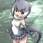  :3 absurdres animal_ears bad_id bad_pixiv_id breasts elbow_gloves eyebrows_visible_through_hair fingerless_gloves frilled_swimsuit frills from_above fur_collar gloves grey_gloves grey_hair grey_legwear grey_swimsuit highres kemono_friends looking_at_viewer multicolored_hair open_mouth otter_ears otter_tail outstretched_wrists rohitsuka short_hair small-clawed_otter_(kemono_friends) small_breasts smile solo swimsuit tail thighhighs two-tone_hair water white_hair 