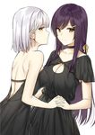  aemu_(august_life) backless_dress backless_outfit bangs bare_shoulders black_dress breasts brown_eyes cleavage closed_mouth commentary dress eyebrows_visible_through_hair hair_ornament hairclip large_breasts long_hair looking_at_viewer medium_breasts multiple_girls original profile purple_hair short_hair sidelocks silver_hair simple_background smile white_background yellow_eyes 