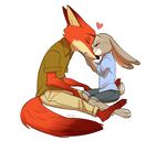  &lt;3 2016 anthro barefoot canine claws clothed clothing cute digital_media_(artwork) dipstick_tail disney duo eyes_closed female fox fur grey_fur hi_res inner_ear_fluff judy_hopps kissing kneeling lagomorph long_ears male mammal multicolored_tail nick_wilde nuzzling orange_fur pants polo_shirt rabbit raiilynezz romantic_couple shirt shorts signature simple_background size_difference smile toe_claws two_tone_tail white_background zootopia 