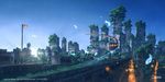  blue_sky building city cityscape commentary_request dark fantasy fish flying_train ground_vehicle highres lamppost lantern lens_flare light_particles night no_humans original outdoors overgrown pochi_(poti1990) post-apocalypse ruins scenery sky skyscraper sun train tree 