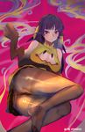  black_hair black_legwear blush breasts cleavage dress gen_7_pokemon godsh0t highres large_breasts long_hair looking_at_viewer lying mimikyu on_side panties panties_under_pantyhose pantyhose personification pokemon purple_eyes skirt solo sweatdrop thighband_pantyhose underwear 