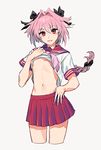  astolfo_(fate) braid crossdressing fate/apocrypha fate/grand_order fate_(series) hair_ribbon long_hair looking_at_viewer male_focus navel nipples otoko_no_ko pink_hair purple_eyes purple_hair red_sailor_collar red_skirt ribbon sailor_collar school_uniform serafuku shirt_lift simple_background skirt smile solo tenobe white_background 