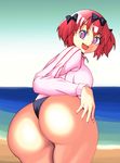  +_+ 1girl ass blue_eyes bow breasts buruma for-somebody from_behind hair_bow hibari_(senran_kagura) huge_ass large_breasts leaning leaning_forward looking_at_viewer open_mouth pink_hair senran_kagura senran_kagura_(series) shiny shiny_hair shiny_skin short_hair short_twintails sideboob smile solo track_jacket twintails wedgie 