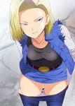  1girl android_18 belt bent_over blonde_hair blue_eyes blue_skirt bob_cut breasts dragon_ball dragonball_z earrings highres hoop_earrings jacket kaiga legs looking_at_viewer naughty_face open_jacket outdoors panties panty_pull pantyhose pantyhose_pull parted_lips raglan_sleeves short_hair skirt smile solo standing thighs underwear undressing 
