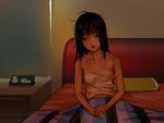  alarm_clock as109 bare_shoulders bed bed_sheet black_hair breasts camisole clock closed_eyes collarbone covered_nipples drooling game_cg indoors long_hair messy_hair nipples non-web_source one_breast_out open_mouth shoujo_to_ura_roji sleepy small_breasts solo strap_slip tears 