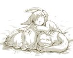  animal_ears barefoot closed_eyes cr72 creature drooling eyebrows_visible_through_hair full_body furry hand_on_another's_head lying made_in_abyss mitty_(made_in_abyss) monochrome nanachi_(made_in_abyss) on_side open_mouth pants saliva sleeping tail topless 
